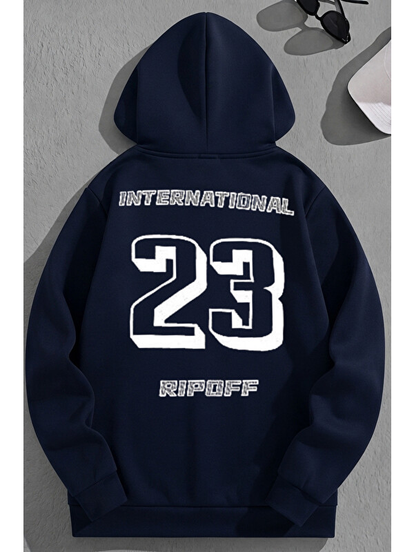 Trendseninle Unisex 3 İplik Pamuklu Lacivert İnternational23 Baskı Bol Kalıp Sweatshirt Hoodie