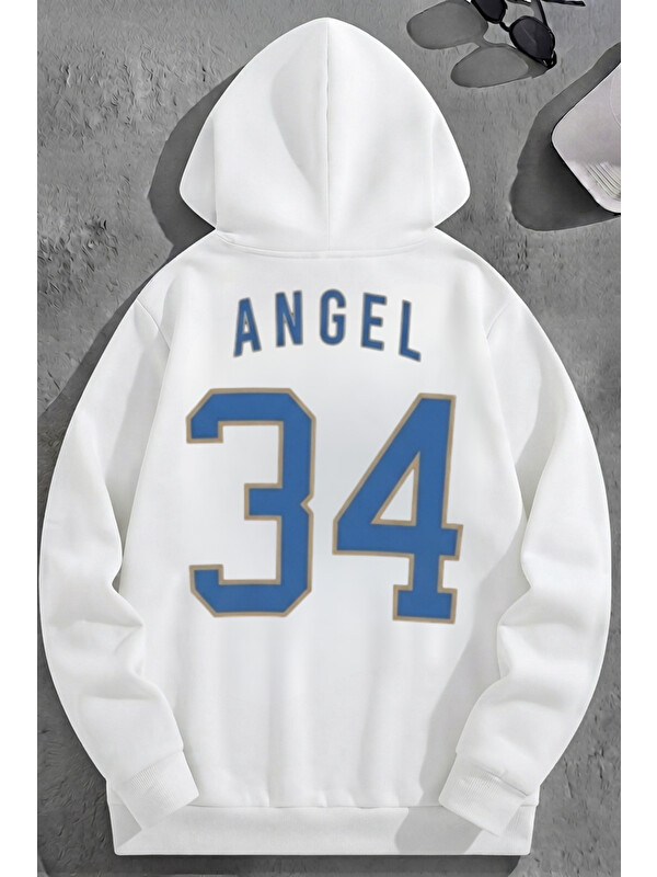 Trendseninle Unisex 3 İplik Pamuklu Beyaz Angel34 Baskı Bol Kalıp Sweatshirt Hoodie