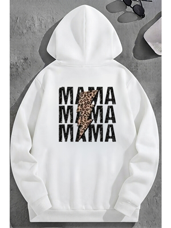 Trendseninle Unisex 3 İplik Pamuklu Beyaz TripleMama Baskı Bol Kalıp Sweatshirt Hoodie