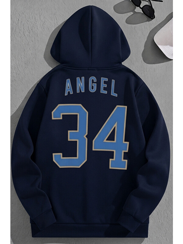 Trendseninle Unisex 3 İplik Pamuklu Lacivert Angel34 Baskı Bol Kalıp Sweatshirt Hoodie