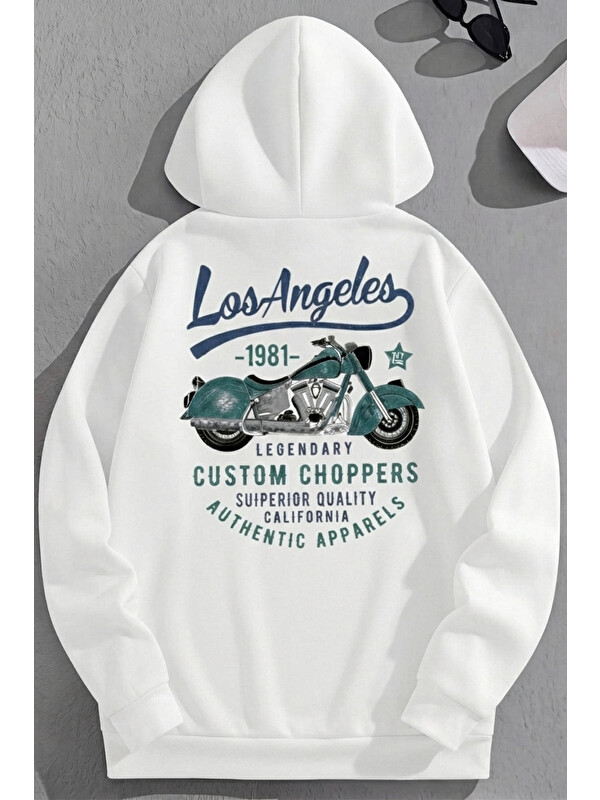 Trendseninle Unisex 3 İplik Pamuklu Beyaz LosAngeles1981 Baskı Bol Kalıp Sweatshirt Hoodie