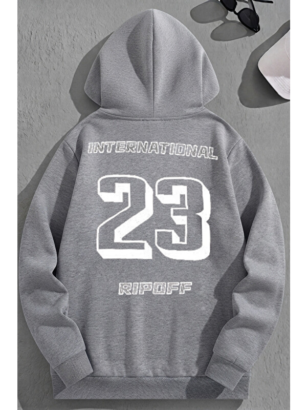 Trendseninle Unisex 3 İplik Pamuklu Gri İnternational23 Baskı Bol Kalıp Sweatshirt Hoodie