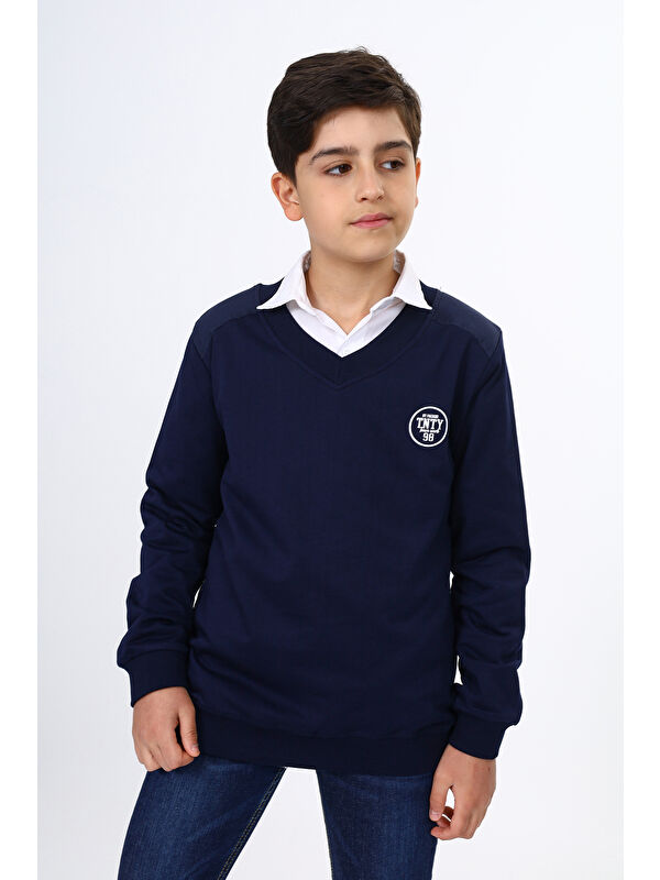 Toontoykids Erkek Çocuk Relax Fit V Yaka Baskılı Okul Sweatshirt
