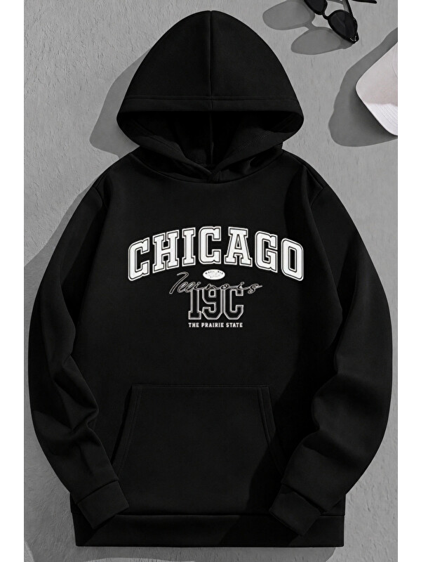 Trendseninle Unisex 3 İplik Pamuklu Siyah Chicago19C Baskı Bol Kalıp Sweatshirt Hoodie