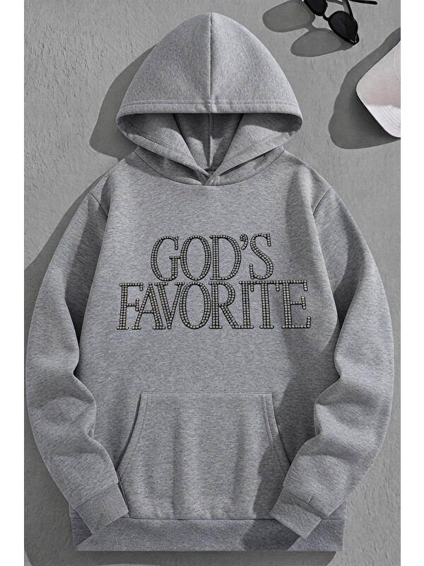 Trendseninle Unisex 3 İplik Pamuklu Gri GODSFAVORİTE Baskı Bol Kalıp Sweatshirt Hoodie
