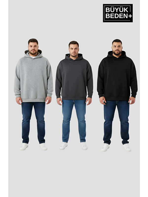 Süperlife Erkek Büyük Beden 3 lü Set Kollar Ve Etek Ribanalı ince Kapüşonlu Swatshırt SPR26BSW957+3