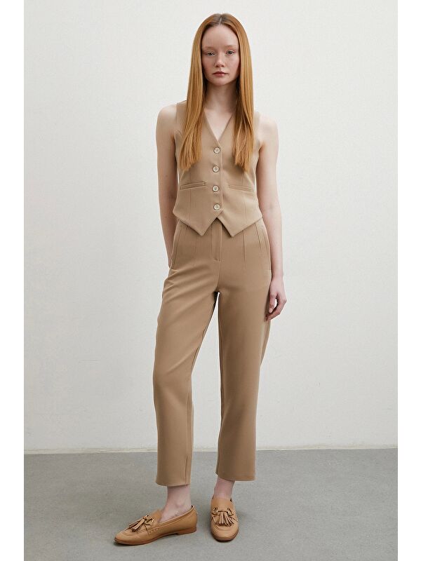 Never More Önü Pensli Skinny Kumaş Pantolon Vizon