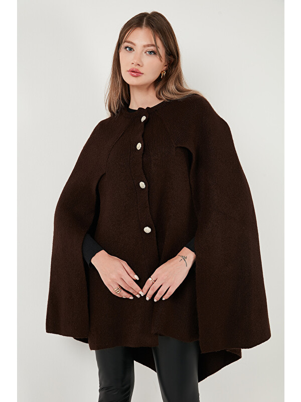 Lela Oversize Fit Bisiklet Yaka Pelerin Kol Düğmeli Kadın Panço 4617015