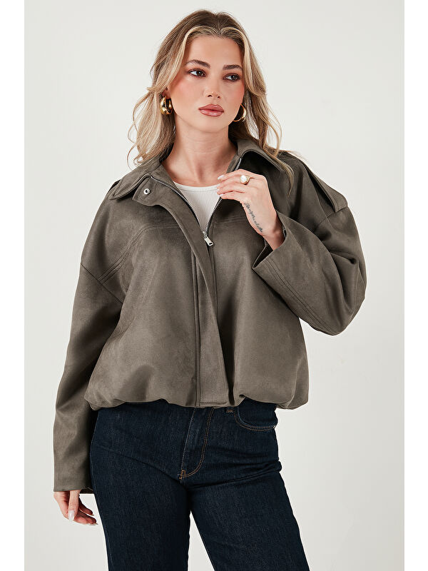 Lela Oversize Fit Klasik Yaka Süet Dokulu Bomber Ceket Mont 6524932
