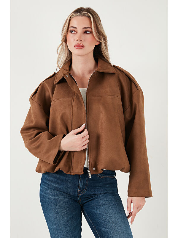 Lela Oversize Fit Klasik Yaka Süet Dokulu Bomber Ceket Mont 6524932