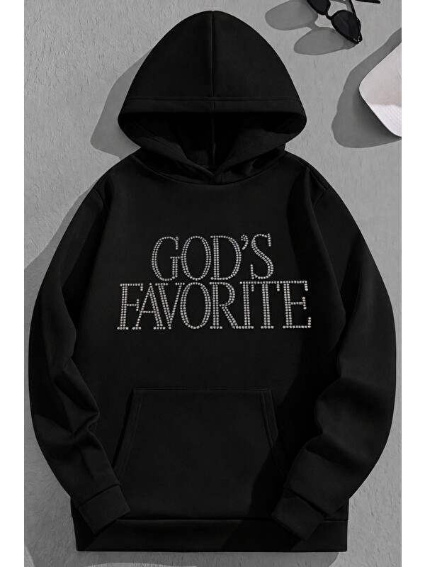 Trendseninle Unisex 3 İplik Pamuklu Siyah GODSFAVORİTE Baskı Bol Kalıp Sweatshirt Hoodie