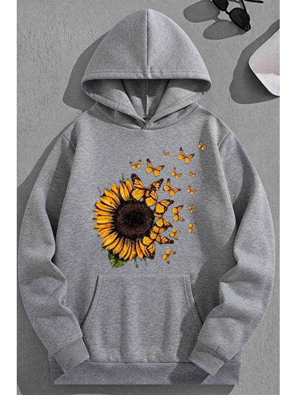 Trendseninle Unisex 3 İplik Pamuklu Gri Ayçiçek Baskı Bol Kalıp Sweatshirt Hoodie