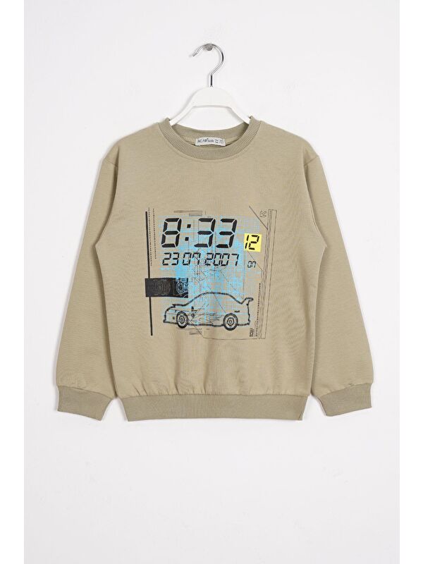 Zepkids Bisiklet Yaka Araba Baskılı Haki Renk Erkek Çocuk Sweatshirt