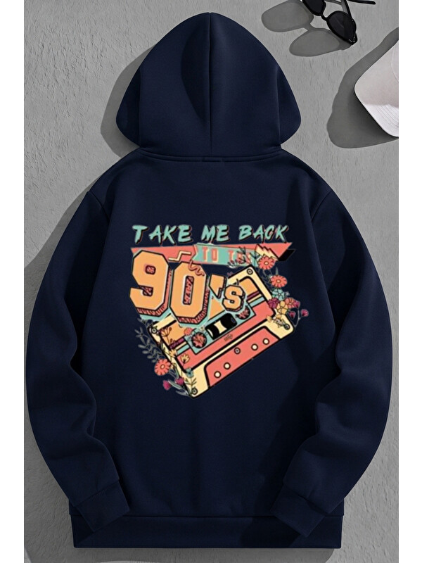 Trendseninle Unisex 3 İplik Pamuklu Lacivert TakeMe90s Baskı Bol Kalıp Sweatshirt Hoodie