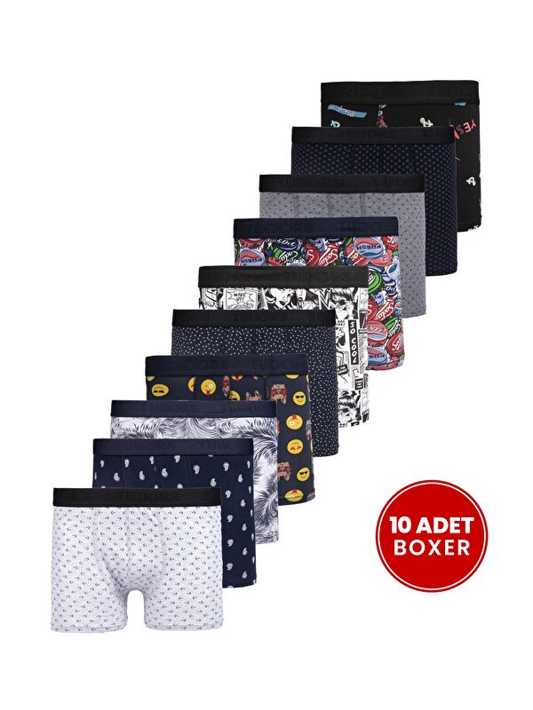 TUDORS Erkek 10'Lu Desenli Elastanlı Pamuklu Esnek Kumaş Premium Seri Boxer