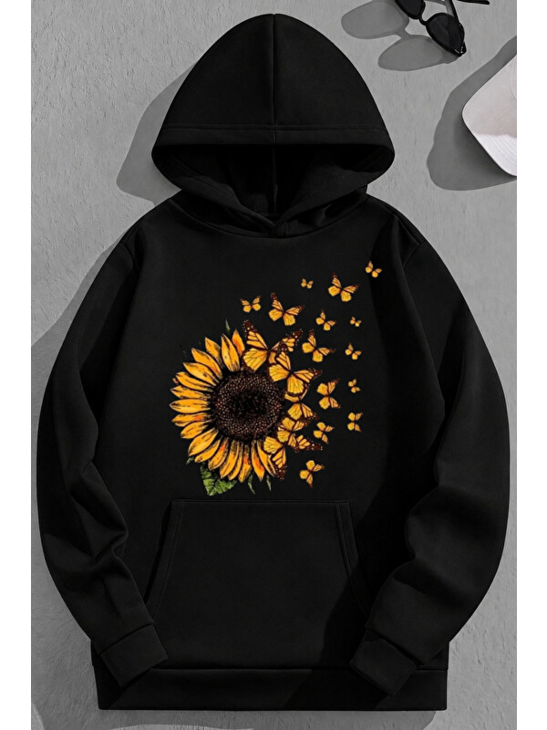 Trendseninle Unisex 3 İplik Pamuklu Siyah Ayçiçek Baskı Bol Kalıp Sweatshirt Hoodie