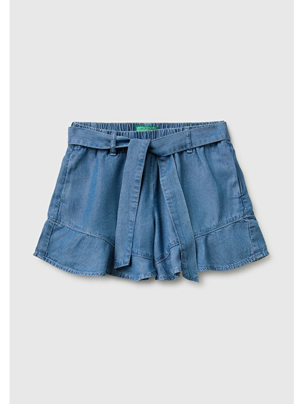 United Colors Of Benetton Kız Çocuk Açık Mavi Beli Kuşak Detaylı Fırfırlı Şort