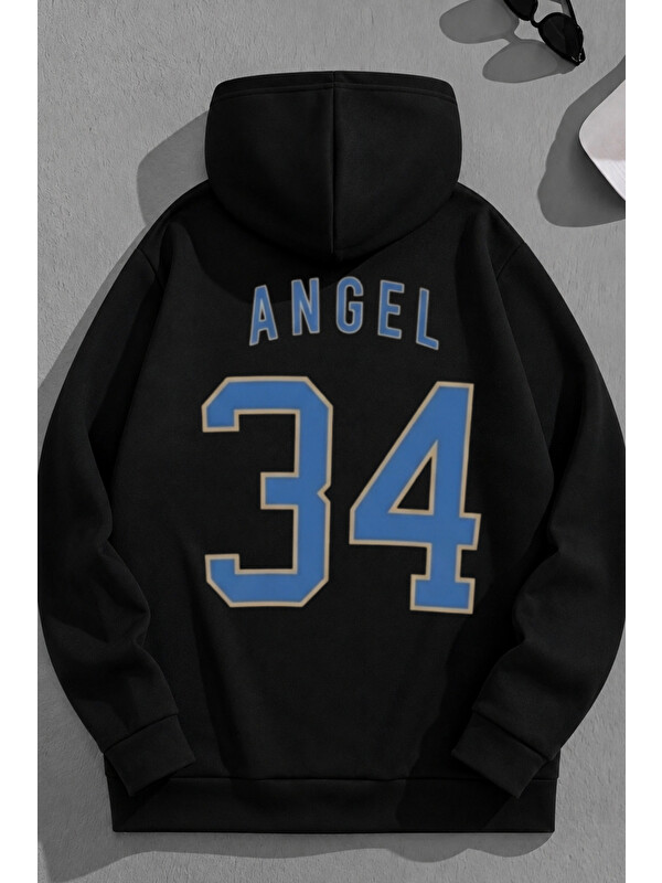 Trendseninle Unisex 3 İplik Pamuklu Siyah Angel34 Baskı Bol Kalıp Sweatshirt Hoodie