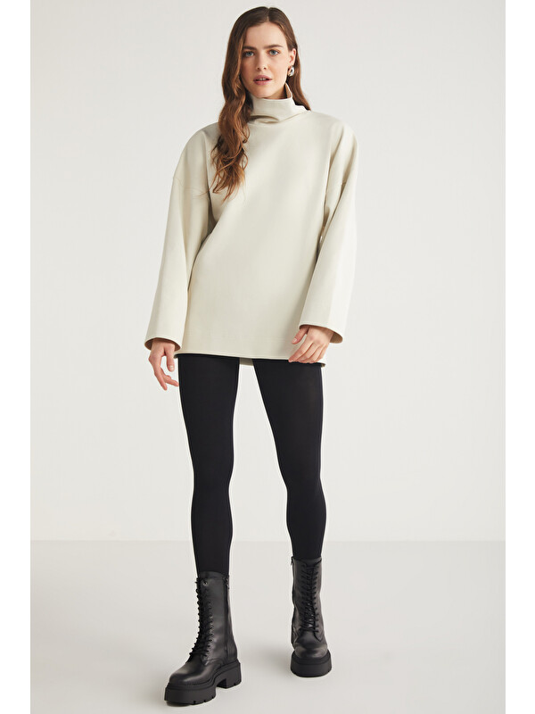 ETHIQUET HERMIONE Kadın %100 Organik Pamuklu Boğazlı Yaka Flare Kol AÇIK BEJ Sweatshirt