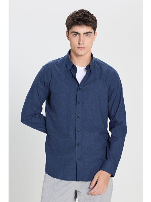 AC&Co / Altınyıldız Classics Erkek Lacivert %100 Pamuk Slim Fit Dar Kesim Düğmeli Yaka Flanel Gömlek