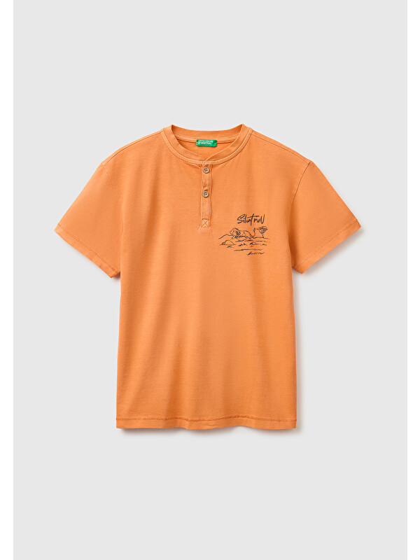 United Colors Of Benetton Erkek Çocuk Turuncu İşleme Detaylı Yuvarlak Yaka T-Shirt