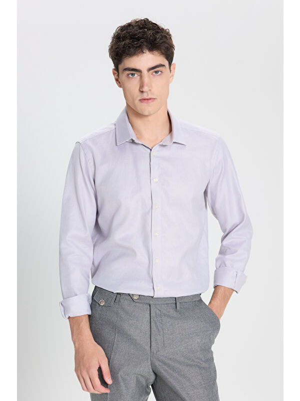 AC&Co / Altınyıldız Classics Erkek Gri-Beyaz %100 Pamuk Slim Fit Dar Kesim Klasik Yaka Kareli Gömlek
