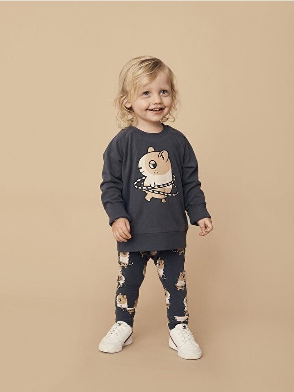 Magu Kız Çocuk Pamuklu Lacivert Sincap Baskılı Sweatshirt Ve Tayt Takım