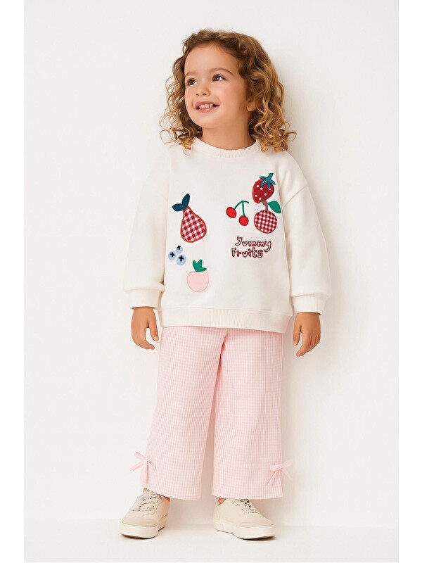 Magu Kız Çocuk Pamuklu Ekru Yummy Fruits Sweatshirt Ve Pembe Fiyonklu Pantolon Takım - Alt Üst Takım