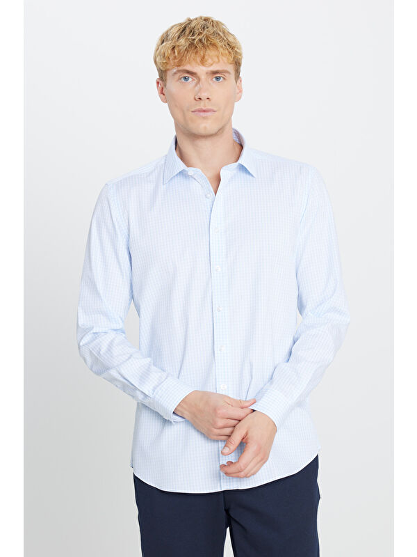 AC&Co / Altınyıldız Classics Erkek Mavi-Beyaz Ütü Gerektirmeyen %100 Pamuk Slim Fit Klasik Yaka Gömlek