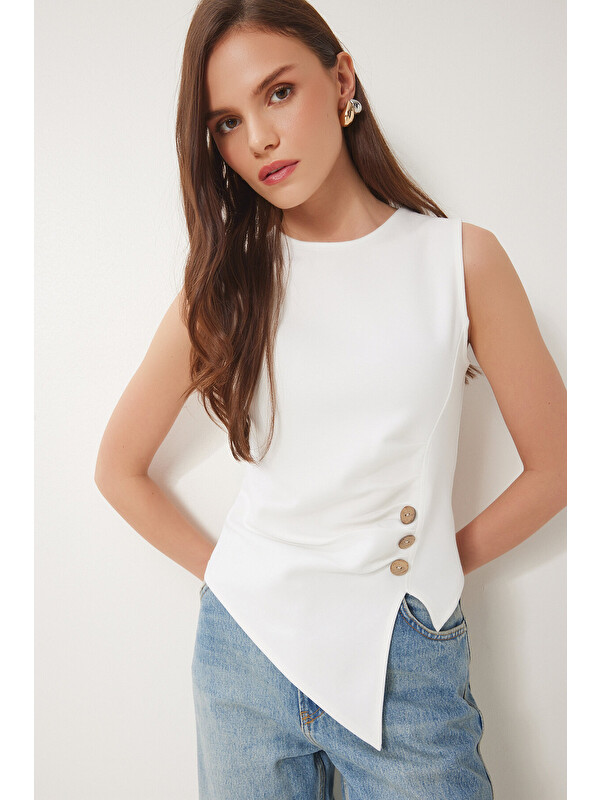 Happiness İstanbul Düğmeli Büzgülü Asimetrik Kesim Örme Bluz KEMİK LFW0006