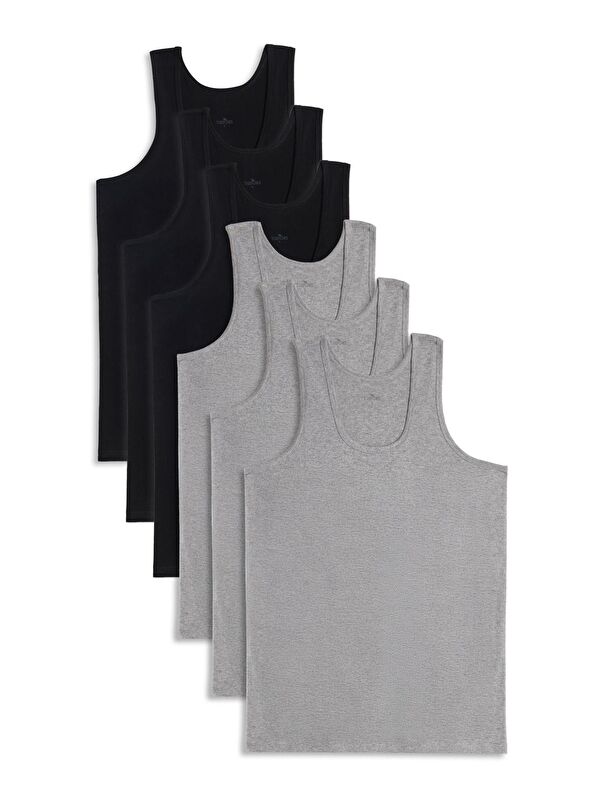 TUDORS 6 Adet Compact Penye Siyah-Gri Erkek Atlet Pamuklu Standart Fit Normal Kesim 6'Lı Paket