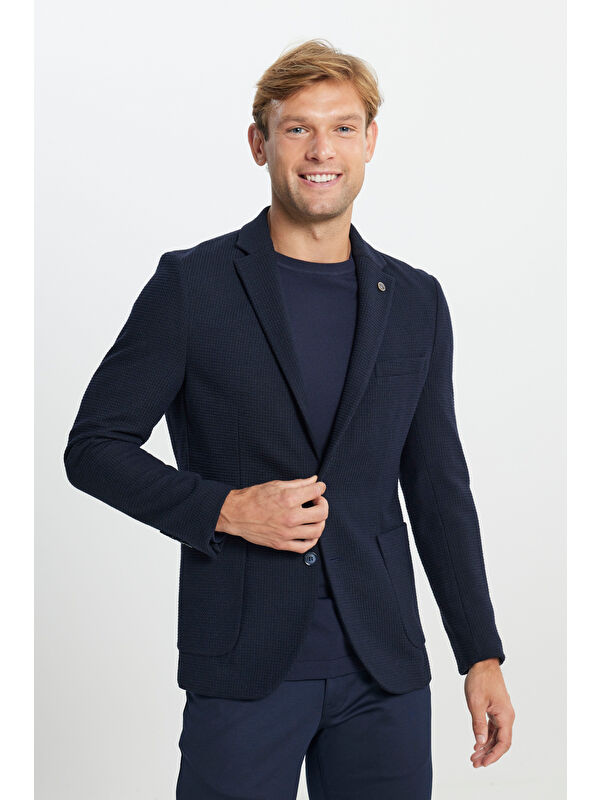 Altınyıldız Classics Erkek Lacivert Yünlü Slim Fit Dar Kesim Mono Yaka Desenli Torba Cepli Ceket