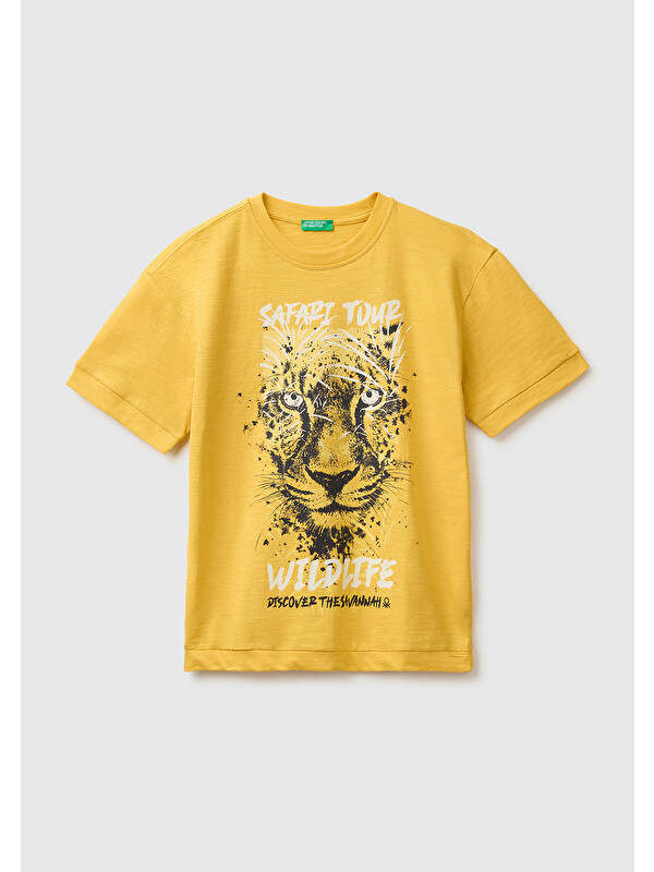 United Colors Of Benetton Erkek Çocuk Hardal Sarısı Önü Baskı Detaylı Bisiklet Yaka T-Shirt