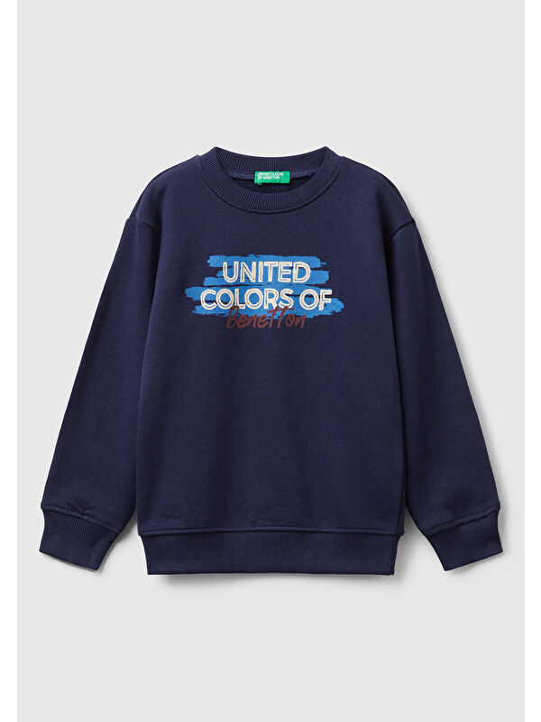 United Colors Of Benetton Erkek Çocuk Lacivert Önü Logo Baskılı Bisiklet Yaka Sweatshirt