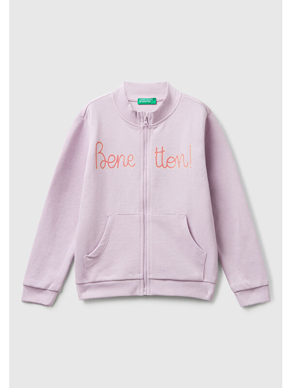 United Colors Of Benetton Kız Çocuk Lila Simli Logo Baskılı Fermuarlı Ribanalı Regular Fit Sweatshirt