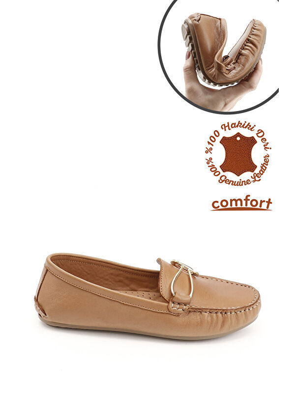 Kadın TABA Tokalı Rok Hakiki Deri Comfort Loafer - Görsel 4