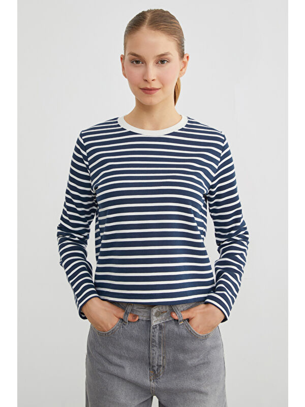 Fullamoda 3 İplik Şardonsuz Çizgili Bisiklet Yaka Sweatshirt