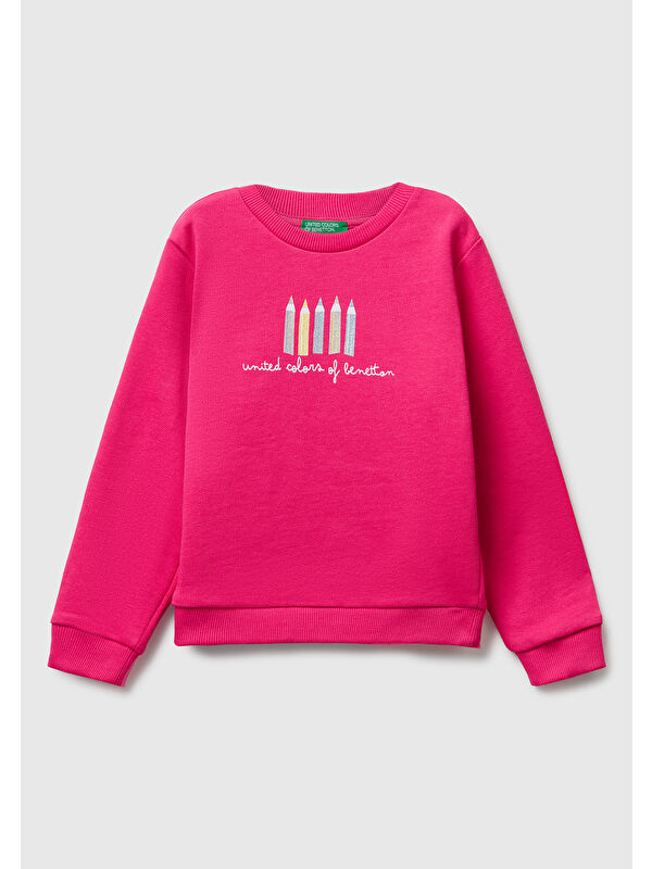 United Colors Of Benetton Kız Çocuk Pembe Önü Simli Logo Baskılı Nervürlü Regular Fit Sweatshirt