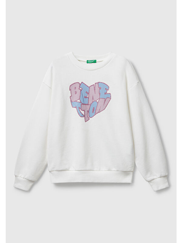 United Colors Of Benetton Kız Çocuk Ekru Parıltılı Logo Baskılı Ribanalı Bisiklet Yaka Sweatshirt