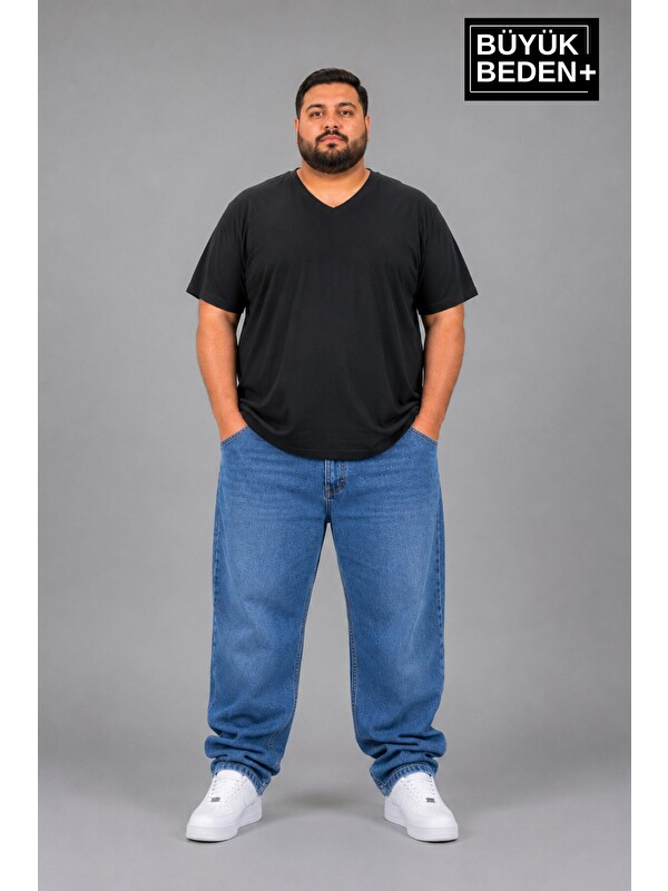 Süperlife Büyük Beden Erkek V Yaka Pamuklu Basic Tişört Lacivert 3XL-6XL SPR26BTS509