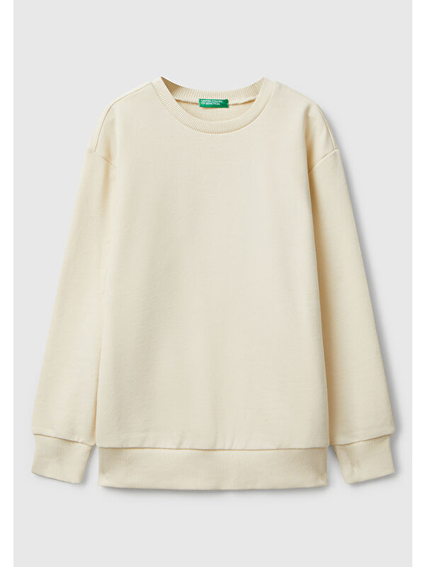 United Colors Of Benetton Erkek Çocuk Krem Baskı Detaylı Bisiklet Yaka Relaxed Fit Sweatshirt