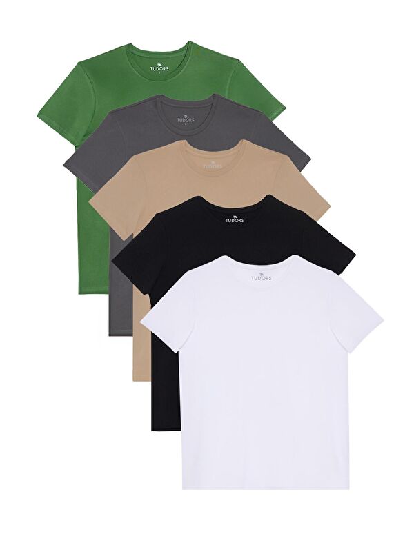 TUDORS Unisex 5'Li Paket Siyah-Beyaz-Füme-Vizon-Yeşil Slim Fit Dar Kesim %100 Pamuk Bisiklet Yaka Tişört