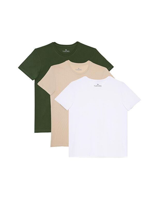 TUDORS Unisex 3'Lü Paket Haki-Beyaz-Vanilya Slim Fit Dar Kesim %100 Pamuk Bisiklet Yaka Tişört