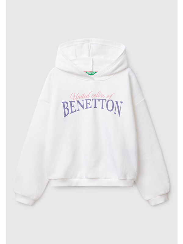 United Colors Of Benetton Kız Çocuk Beyaz Benetton Logo Baskılı Kapüşonlu Sweatshirt