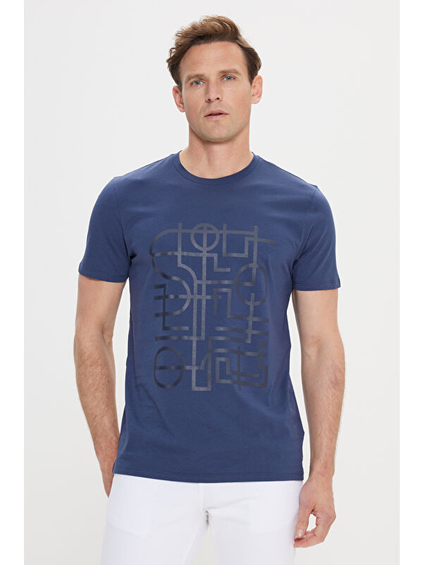 Altınyıldız Classics Erkek Lacivert %100 Pamuk Slim Fit Dar Kesim Bisiklet Yaka Baskılı Tişört