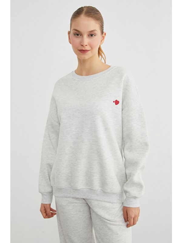 Fullamoda 3 İplik Kalp Baskılı Bisiklet Yaka Sweatshirt