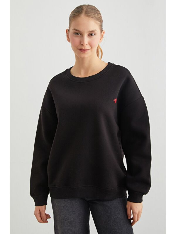 Fullamoda 3 İplik Kalp Baskılı Bisiklet Yaka Sweatshirt