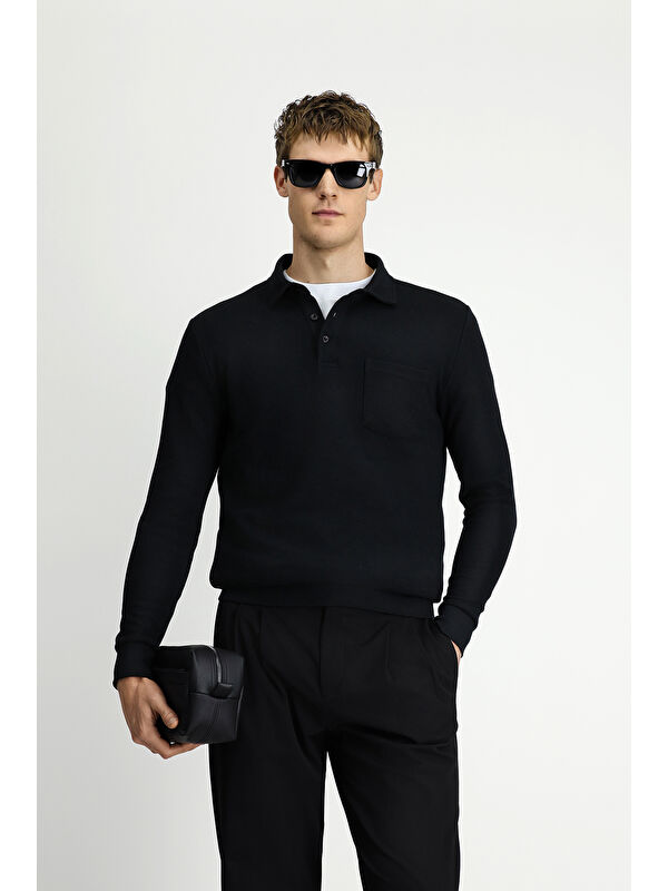 Kiğılı Polo Yaka Regular Fit Desenli Pamuk Sweatshirt