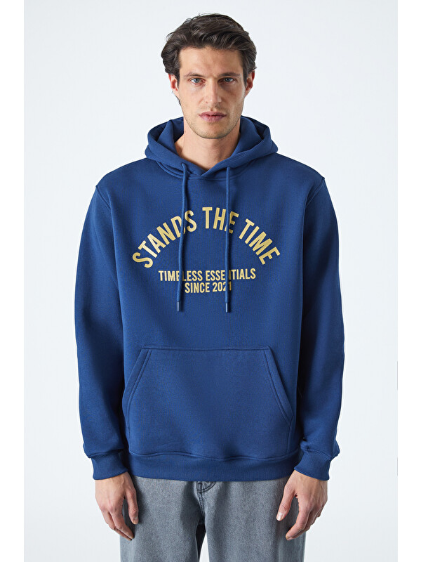 GRIMELANGE WULF Erkek Organik Kumaşlı İçi Polarlı Yumuşacık Kanguru Cepli Kapüşonlu LACİVERT Sweatshirt