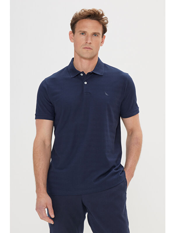 Altınyıldız Classics Erkek Lacivert %100 Pamuk Slim Fit Dar Kesim Polo Yaka Jakarlı Tişört